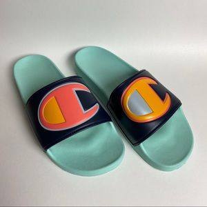 NWOT CHAMPION Slides Navy Multi Waterfall Green